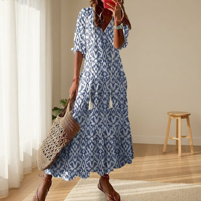 Women's Boho Maxi Dress Tassel Tie Front Flowing Silhouette – Elara