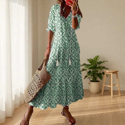 Women's Boho Maxi Dress Tassel Tie Front Flowing Silhouette – Elara