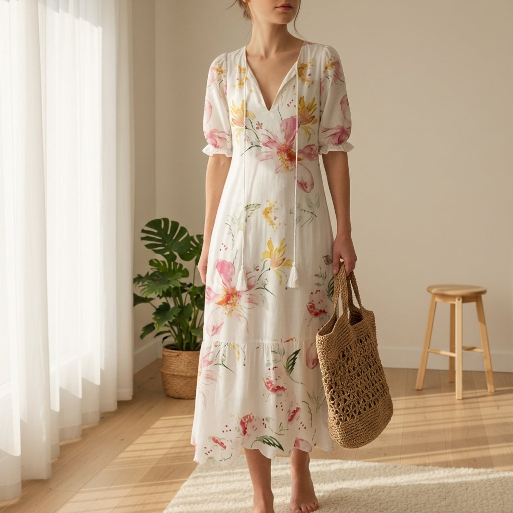 Women's Boho Maxi Dress Tassel Tie Front Flowing Silhouette – Elara