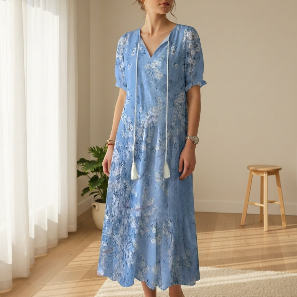 Women's Boho Maxi Dress Tassel Tie Front Flowing Silhouette – Elara