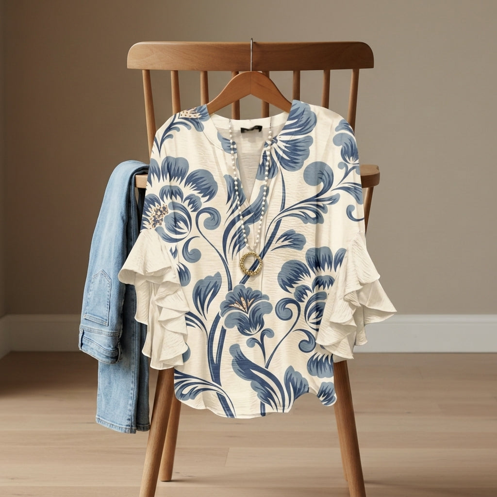 Women's V-Neck Ruffle Sleeve Lightweight Blouse – Celeste