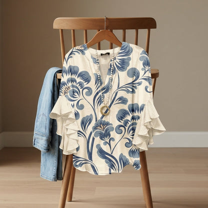 Women's V-Neck Ruffle Sleeve Lightweight Blouse – Celeste
