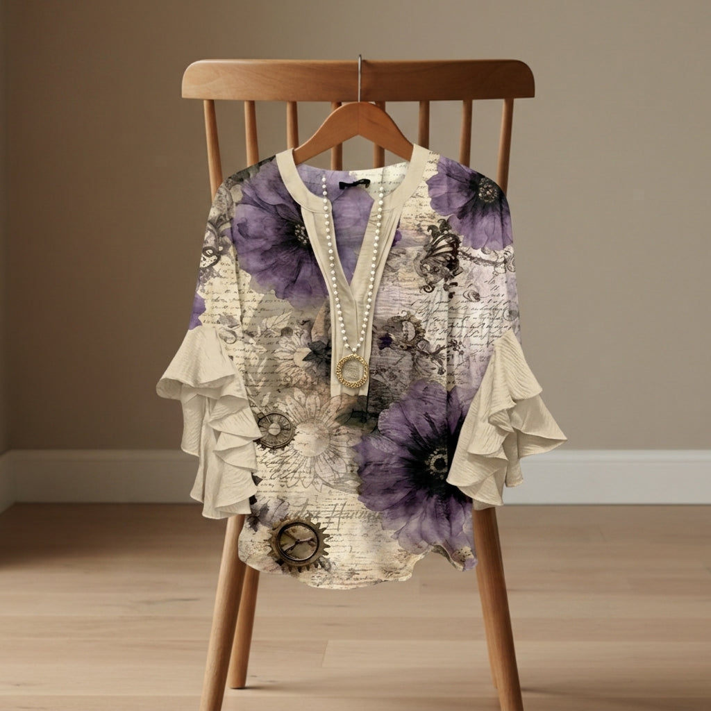 Women's V-Neck Ruffle Sleeve Lightweight Blouse – Celeste