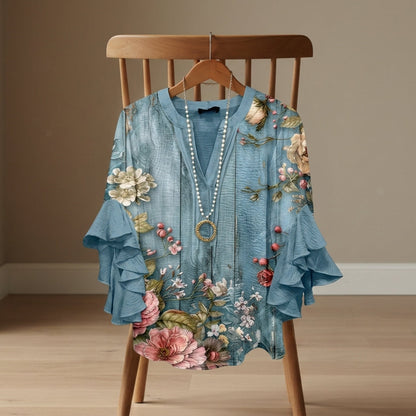 Women's V-Neck Ruffle Sleeve Lightweight Blouse – Celeste