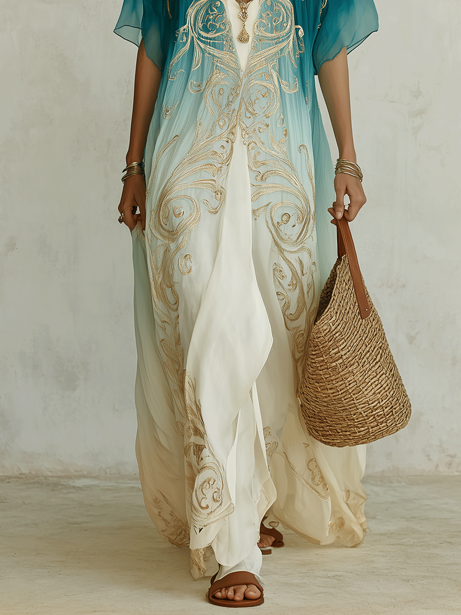 Robe kaftan maxi chic ombrée aqua avec élégance brise côtière