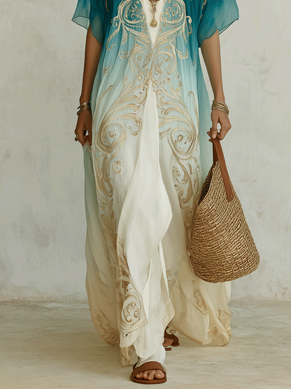 Robe kaftan maxi chic ombrée aqua avec élégance brise côtière