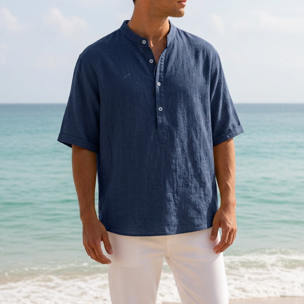Linen Grandad Shirt Relaxed Fit Natural Texture – Matteo