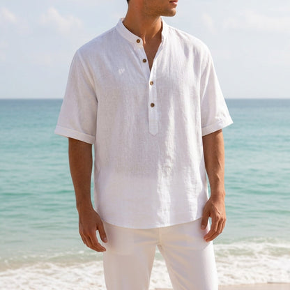 Linen Grandad Shirt Relaxed Fit Natural Texture – Matteo