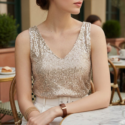 Women's Sequin V-Neck Tank Top Elegant Evening Style – Celeste