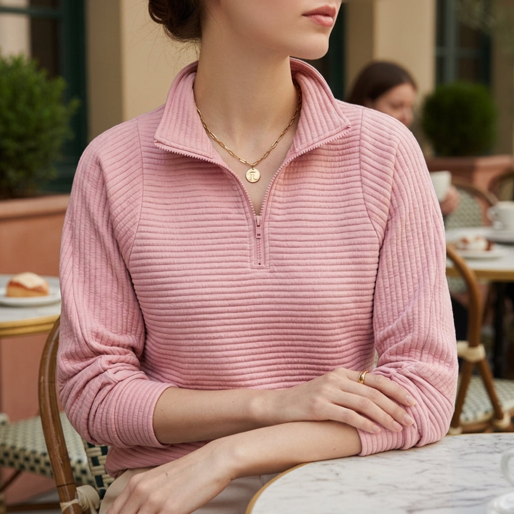 Women's Half-Zip Funnel Neck Sweater Ribbed Trim – Camille