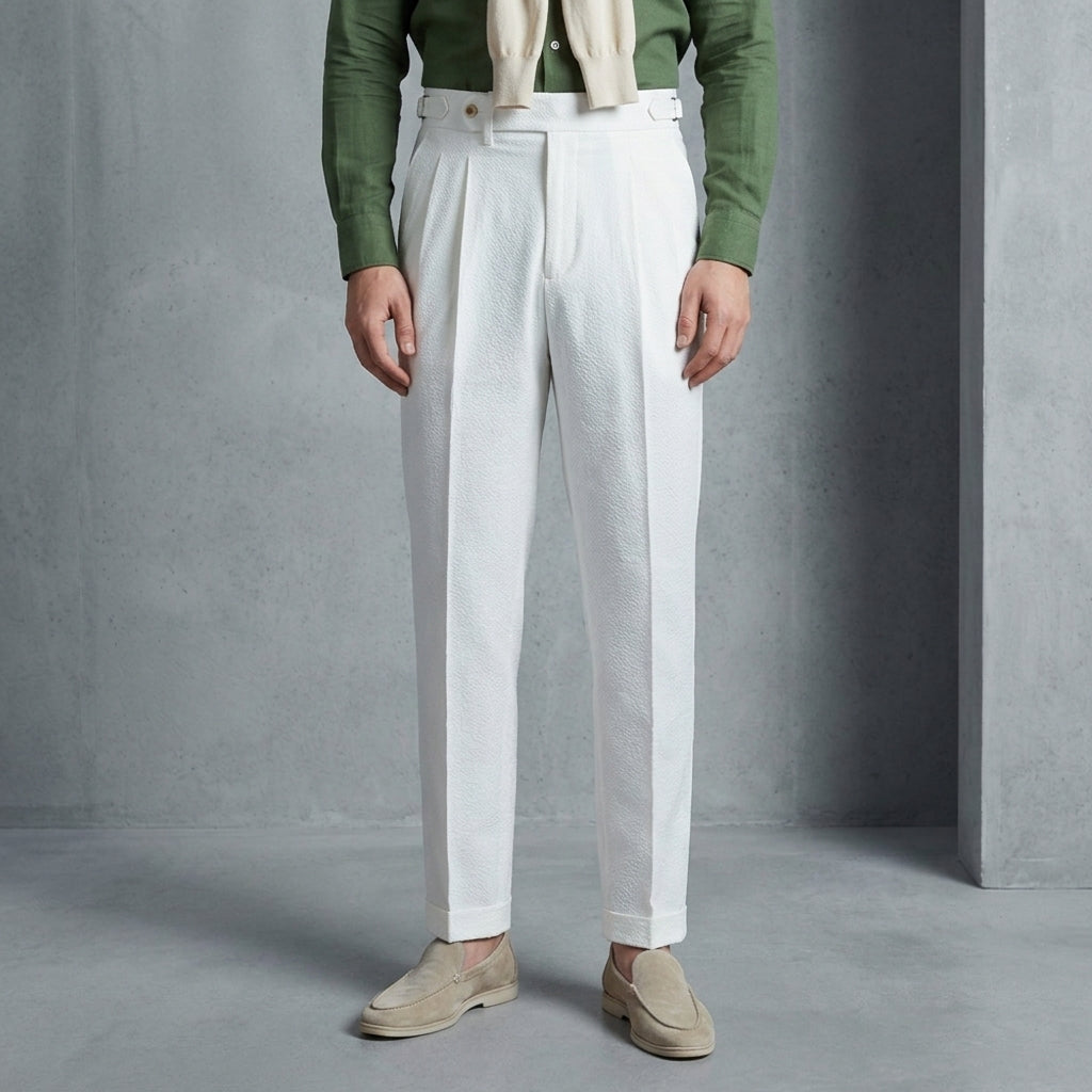 Double Pleated Seersucker Trousers Cotton Blend Relaxed Fit – Soren