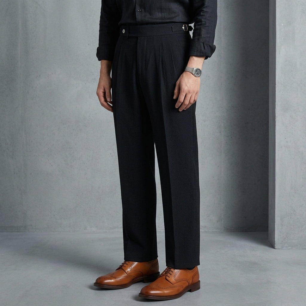 Double Pleated Seersucker Trousers Cotton Blend Relaxed Fit – Soren
