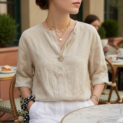 Women's Linen Blend V-Neck Blouse Relaxed Fit – Celeste