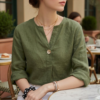 Women's Linen Blend V-Neck Blouse Relaxed Fit – Celeste
