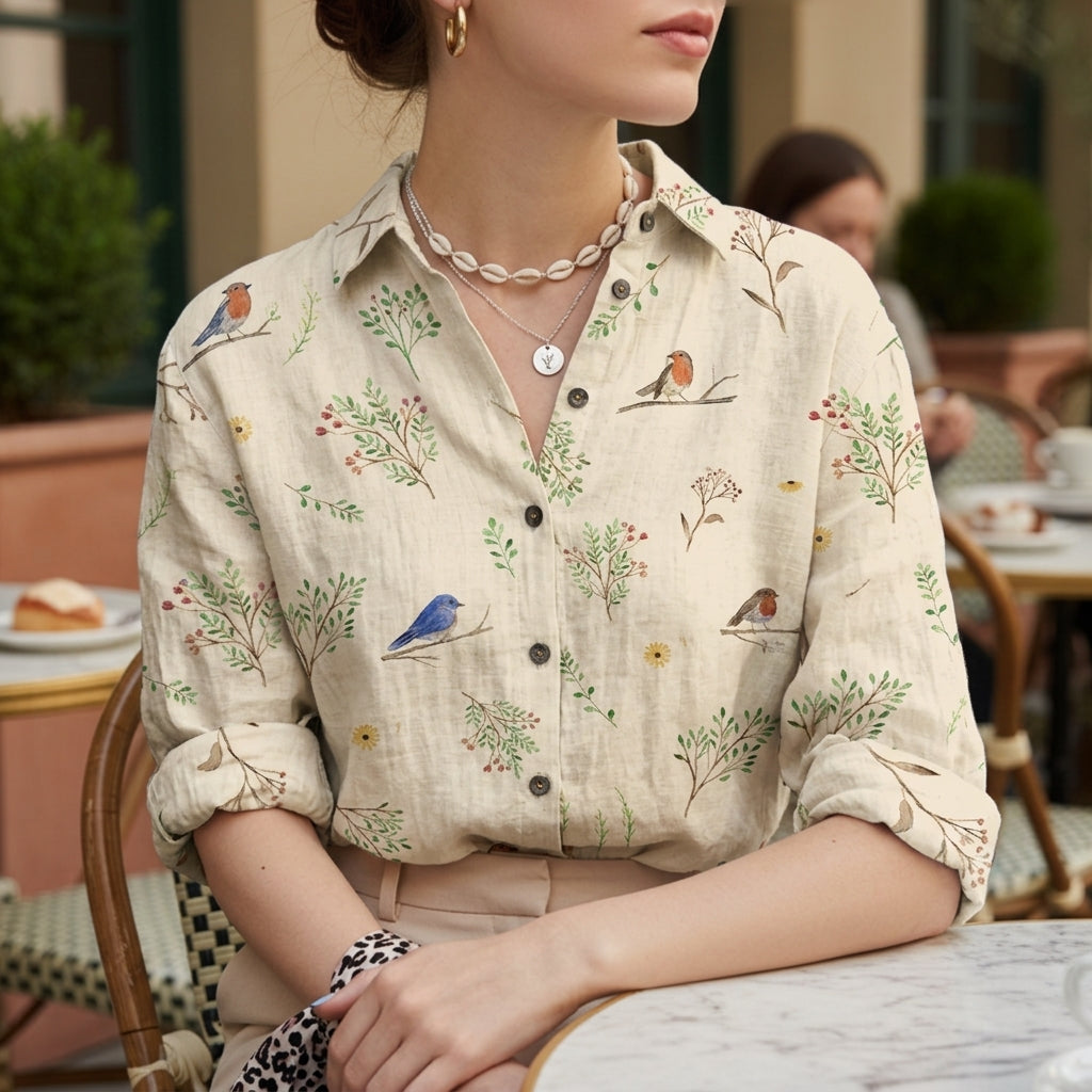 Women's Floral Button-Up Shirt Soft Fabric Classic Collar – Celeste