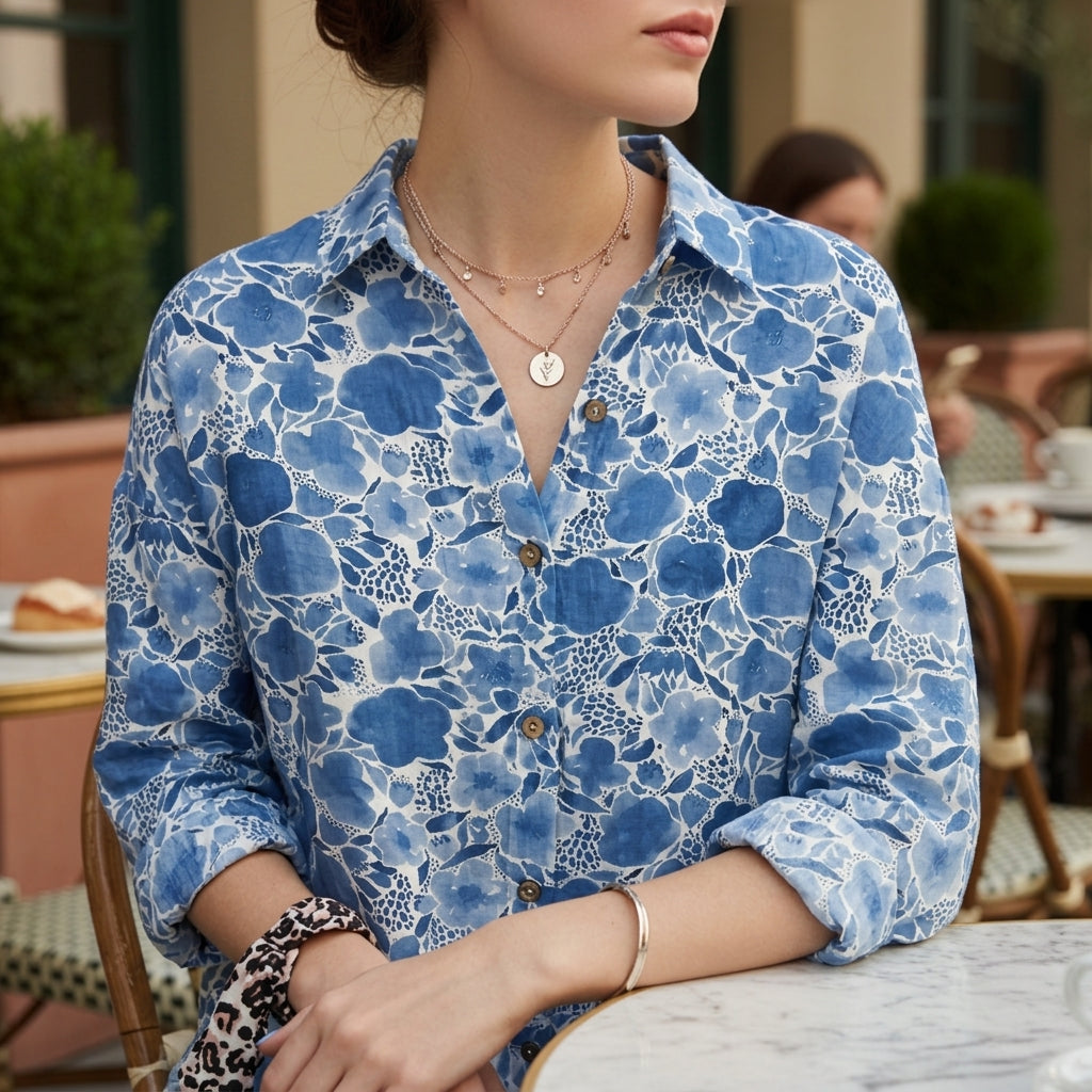 Women's Floral Button-Up Shirt Soft Fabric Classic Collar – Celeste
