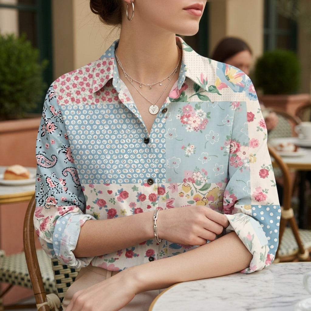 Women's Floral Button-Up Shirt Soft Fabric Classic Collar – Celeste