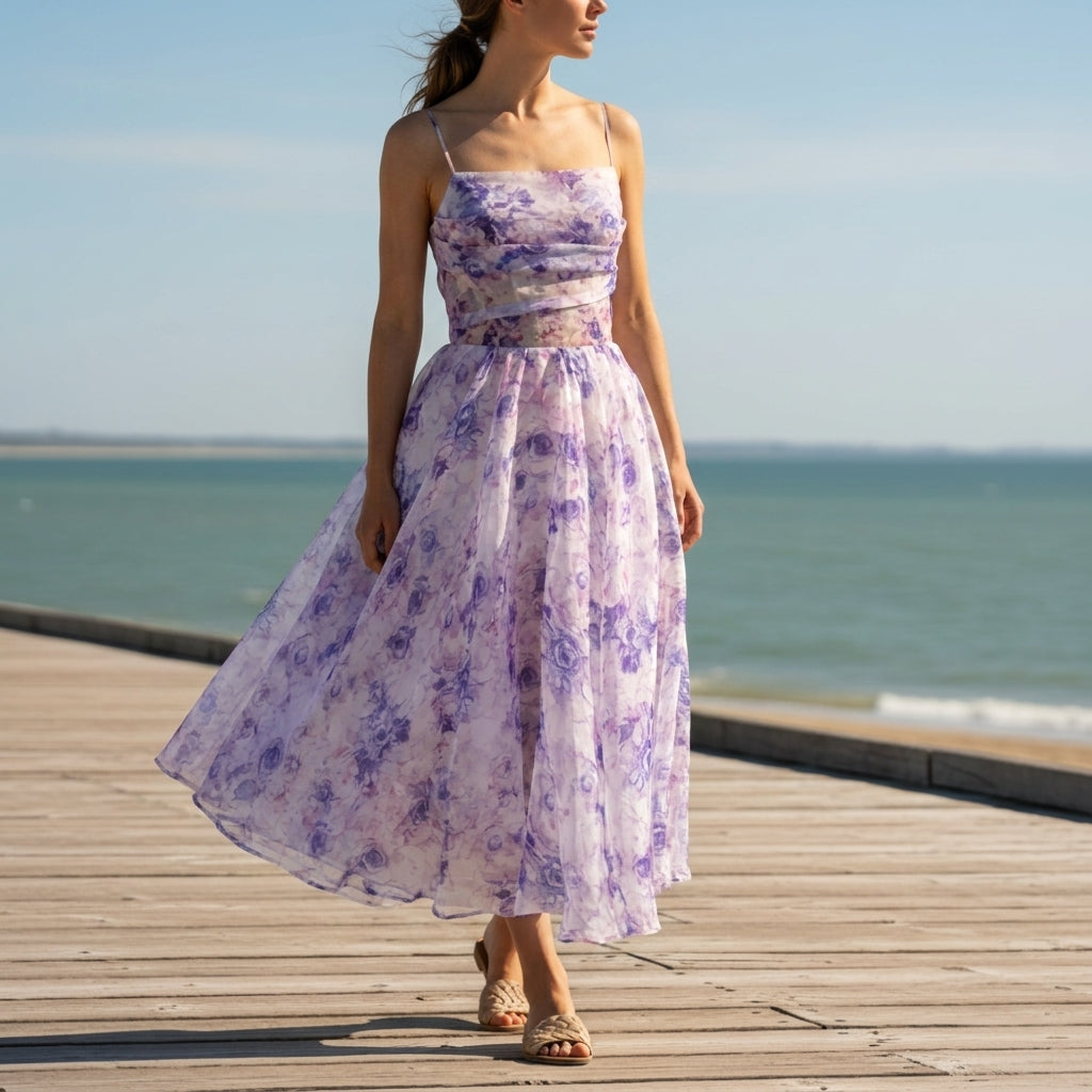 Women's Floral A-Line Midi Dress Spaghetti Strap Polyester Blend – Marielle