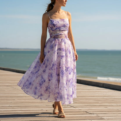 Women's Floral A-Line Midi Dress Spaghetti Strap Polyester Blend – Marielle