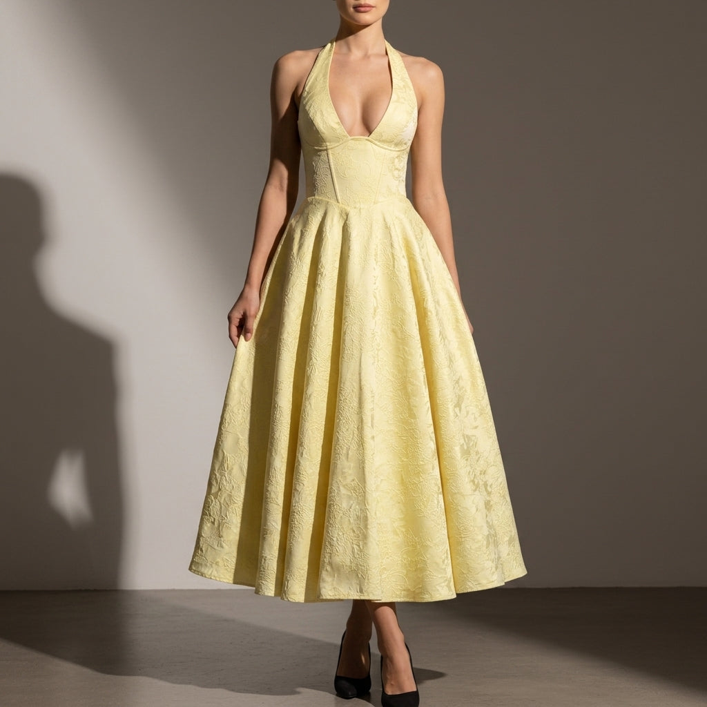 Women's Jacquard Halter Midi Dress Elegant Occasion Style – Valencia