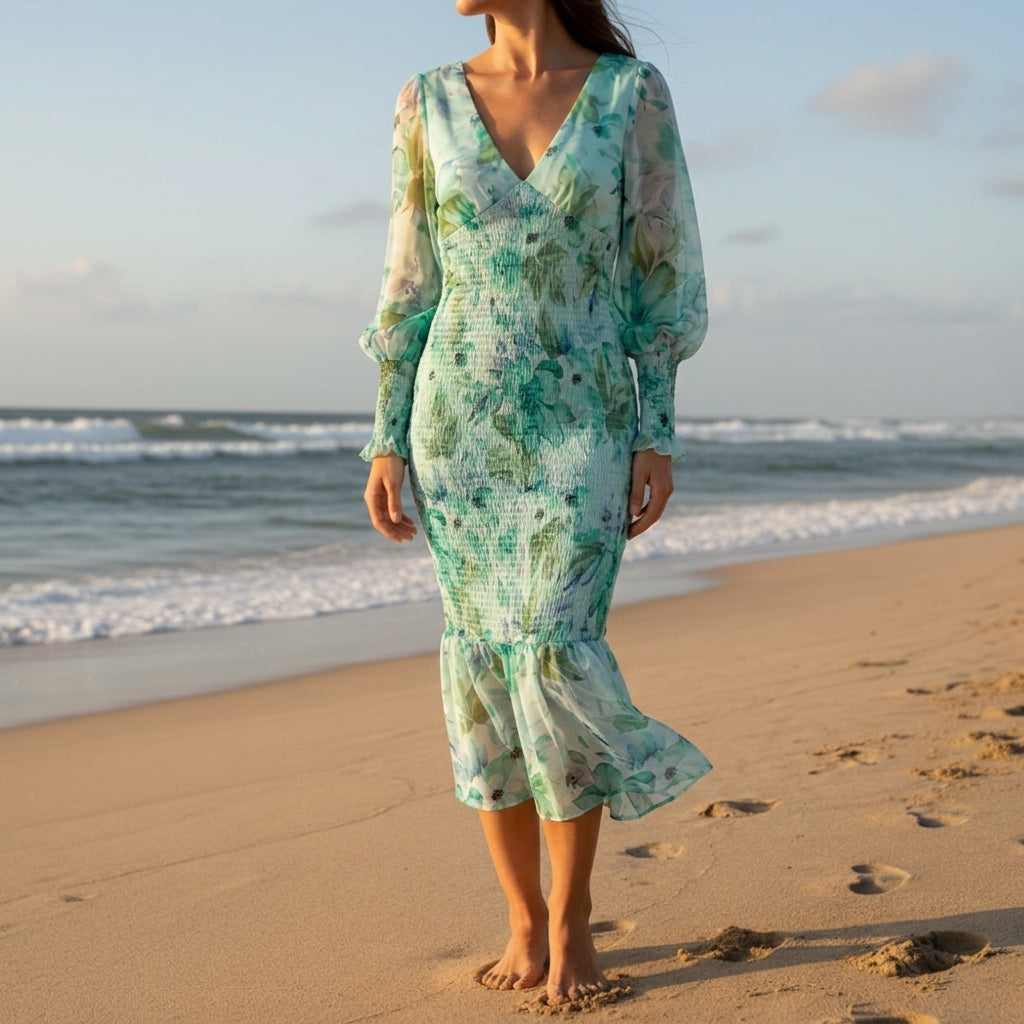 Floral V-Neck Midi Dress With Puff Sleeves – Amara