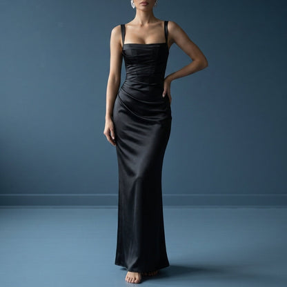 Women's Satin Maxi Dress Square Neck Ruched Style – Elara