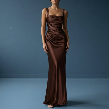 Women's Satin Maxi Dress Square Neck Ruched Style – Elara