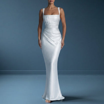 Women's Satin Maxi Dress Square Neck Ruched Style – Elara