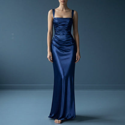 Women's Satin Maxi Dress Square Neck Ruched Style – Elara