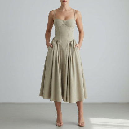 Women's Polyester Blend Midi Dress Elegant Bustier Style – Elara
