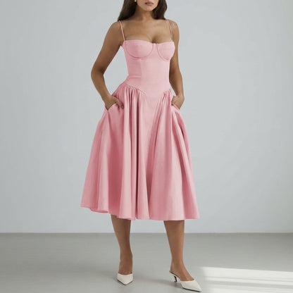 Women's Polyester Blend Midi Dress Elegant Bustier Style – Elara