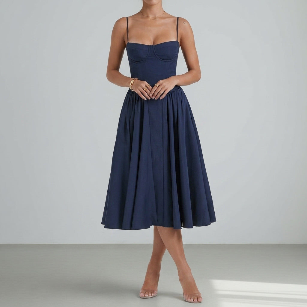 Women's Polyester Blend Midi Dress Elegant Bustier Style – Elara