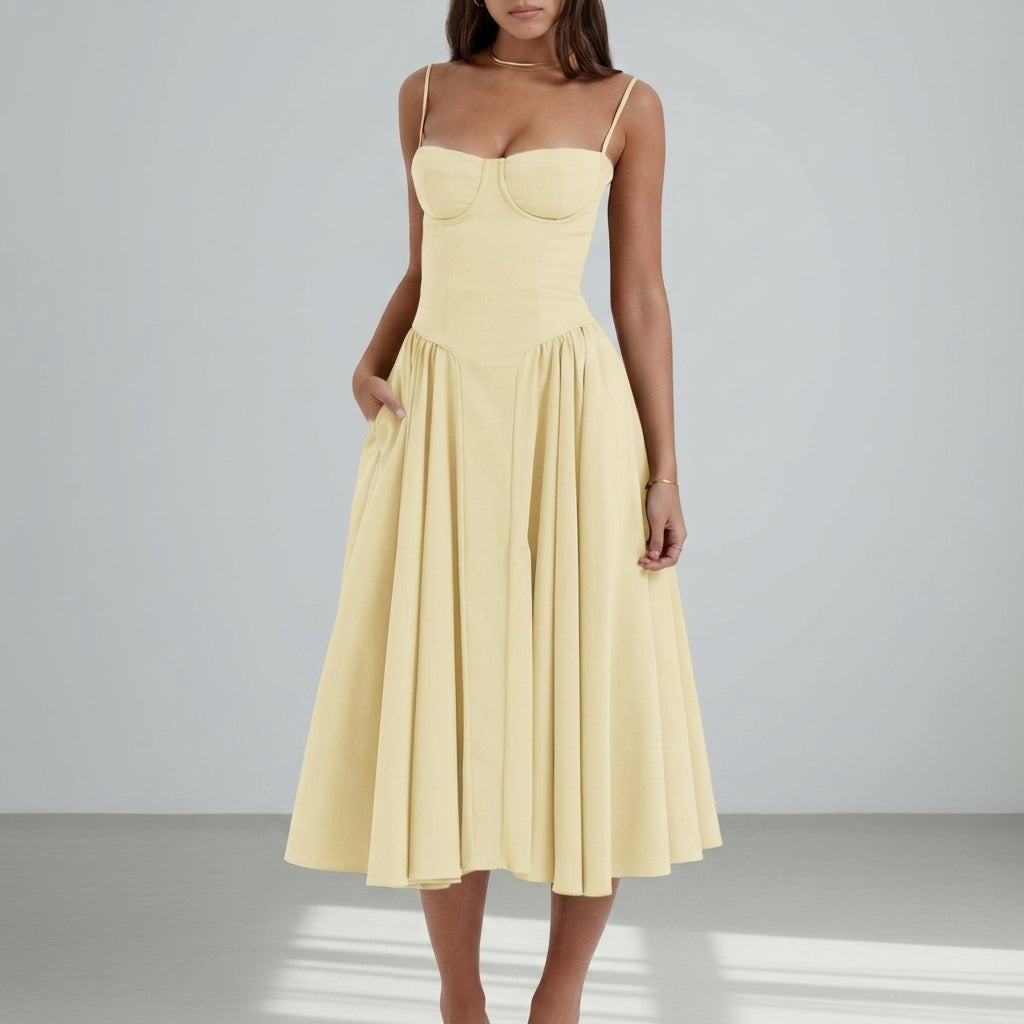 Women's Polyester Blend Midi Dress Elegant Bustier Style – Elara