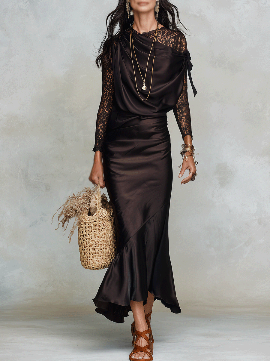 Robe maxi noire chic avec détails élégants en dentelle pour les vacances