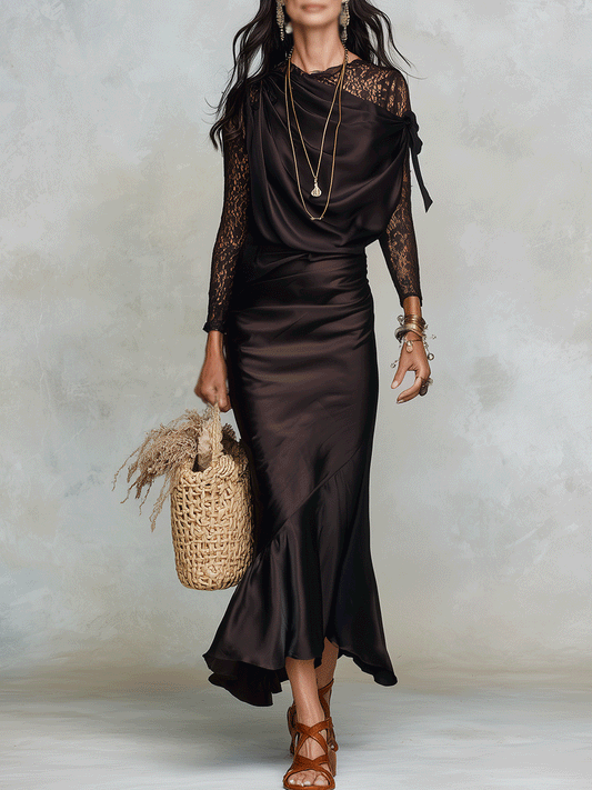 Vestido maxi negro chic con elegantes detalles de encaje para vacaciones