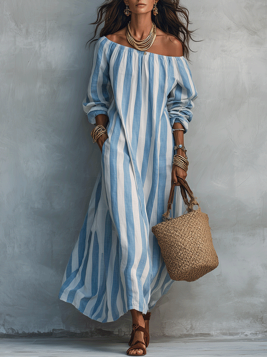 Vestido maxi relajado con rayas azules y blancas estilo brisa costera