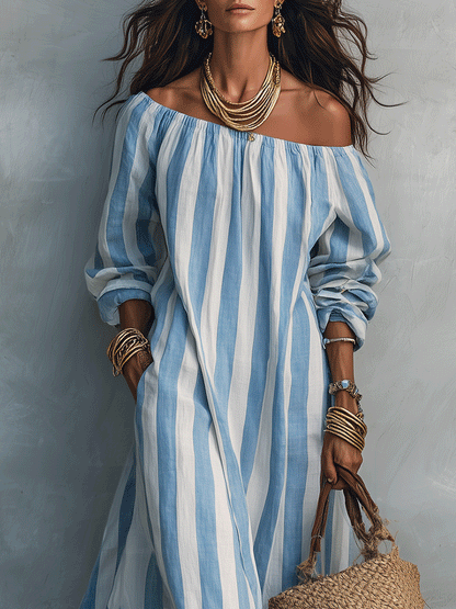 Robe maxi décontractée à rayures bleues et blanches, esprit brise côtière