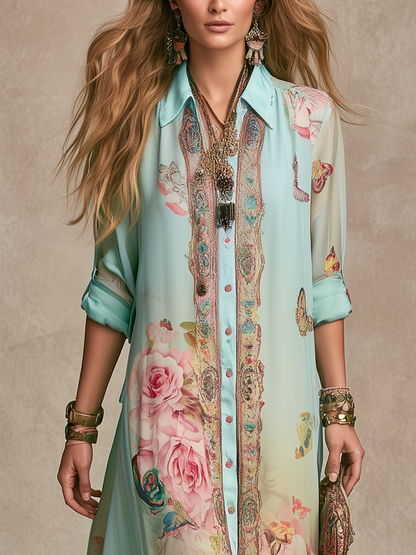 Robe maxi verte menthe fleurie de style baroque