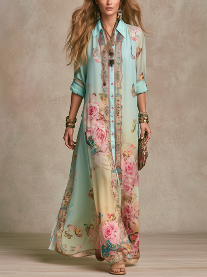Robe maxi verte menthe fleurie de style baroque
