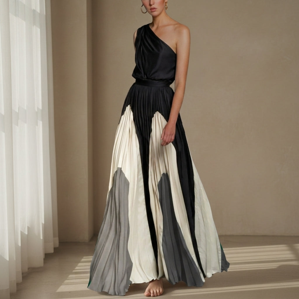 Women's One-Shoulder Pleated Maxi Dress Elegant Floor-Length – Alina