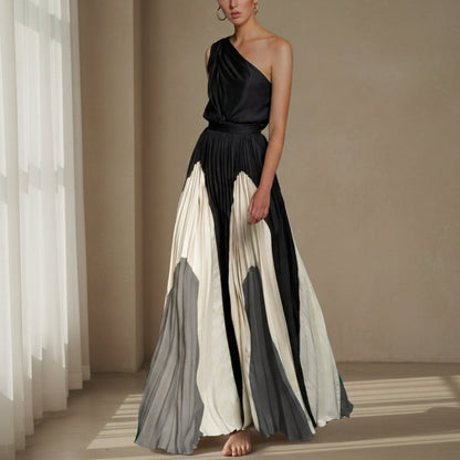 Women's One-Shoulder Pleated Maxi Dress Elegant Floor-Length – Alina