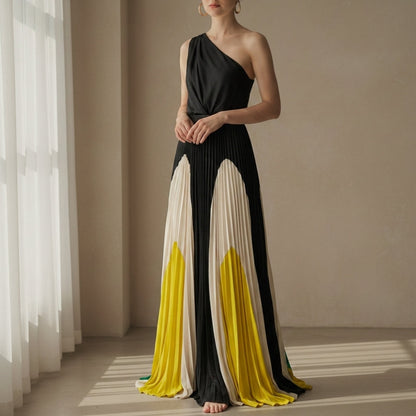 Women's One-Shoulder Pleated Maxi Dress Elegant Floor-Length – Alina
