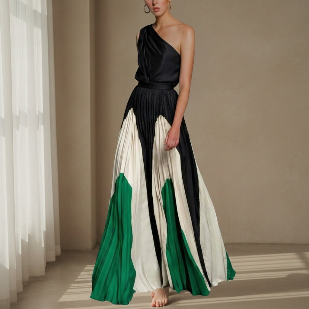 Women's One-Shoulder Pleated Maxi Dress Elegant Floor-Length – Alina