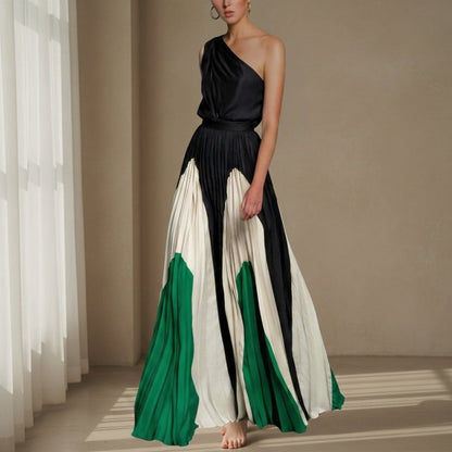 Women's One-Shoulder Pleated Maxi Dress Elegant Floor-Length – Alina