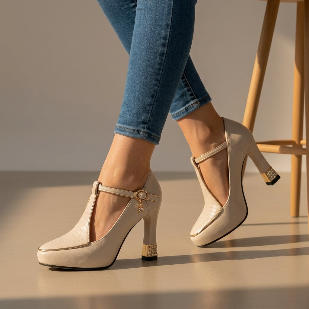 Women's Pointed Toe Block Heel T-Strap Shoes Faux Leather – Elara