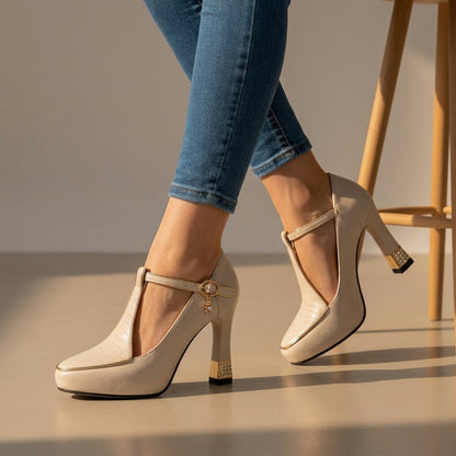 Women's Pointed Toe Block Heel T-Strap Shoes Faux Leather – Elara