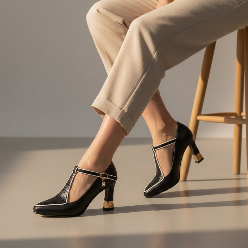 Women's Pointed Toe Block Heel T-Strap Shoes Faux Leather – Elara