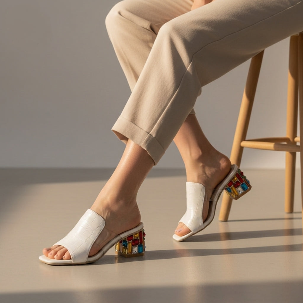 Women's Jewel Heel Slides Shiny Finish Embellished – Celeste