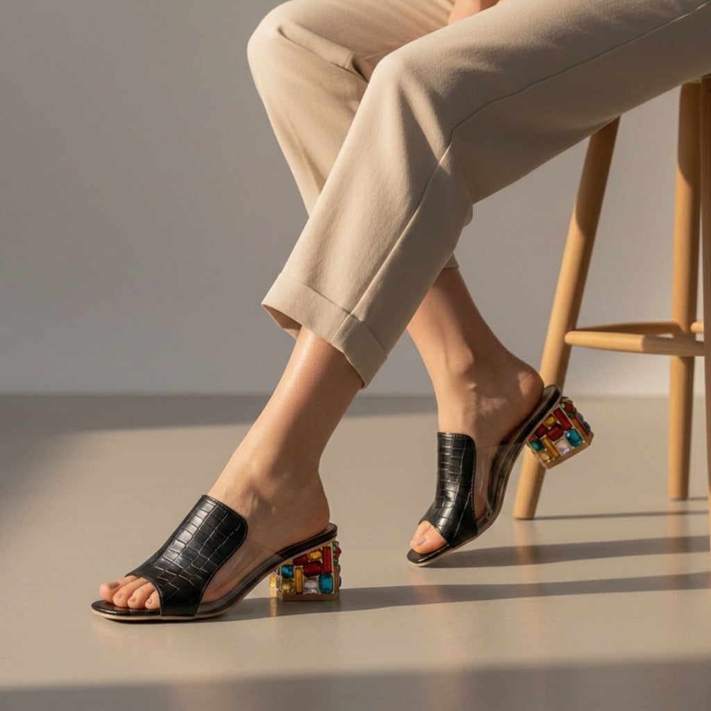 Women's Jewel Heel Slides Shiny Finish Embellished – Celeste
