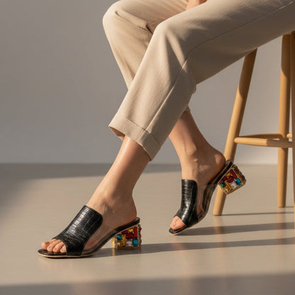 Women's Jewel Heel Slides Shiny Finish Embellished – Celeste